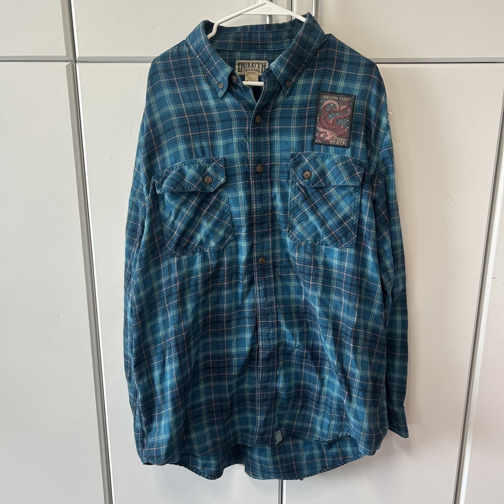 Duluth Trading Co Custom Patch Plaid Flannel Shirt Blue Orange Mens XL
